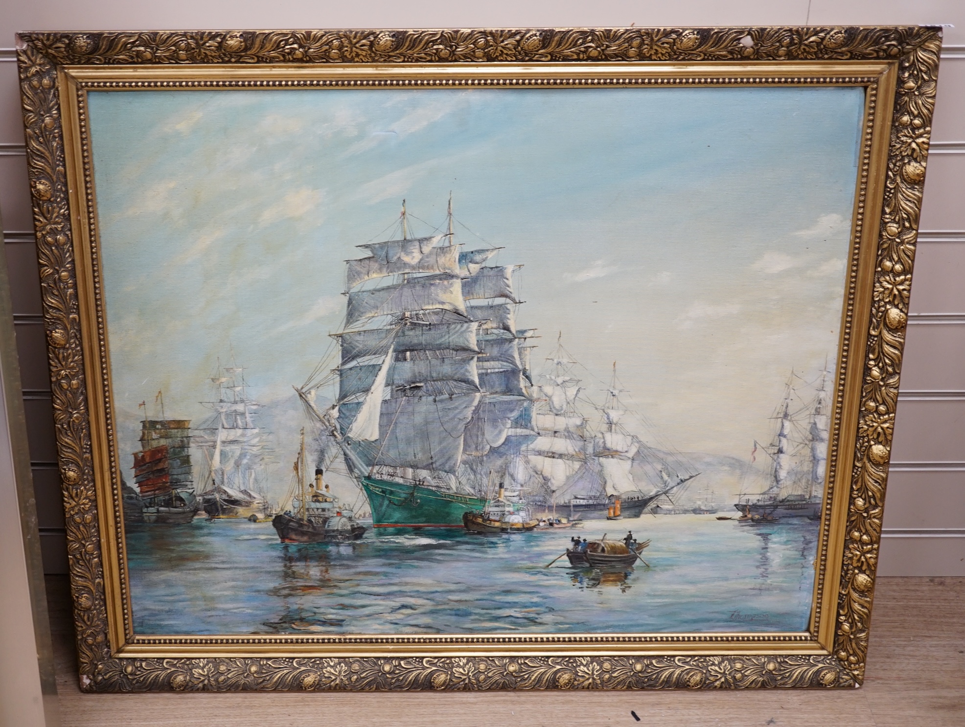Thompson after Montague Dawson (1890-1973), maritime oil on canvas board, Kowloon, signed, 60 x 75cm, gilt framed. Condition